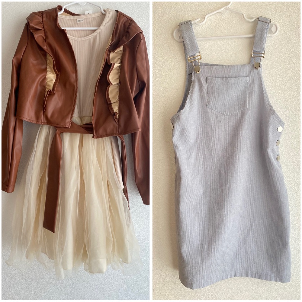 Brown Jacket and Cream Dress Set with light blue Overall Dress 9-10